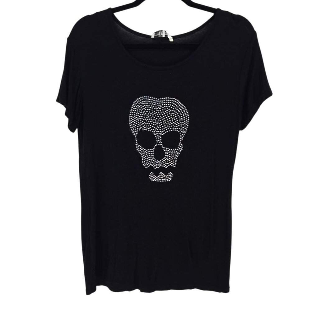 Style 101 womens large black embellished skull short sleeve stretchy top sparkle
